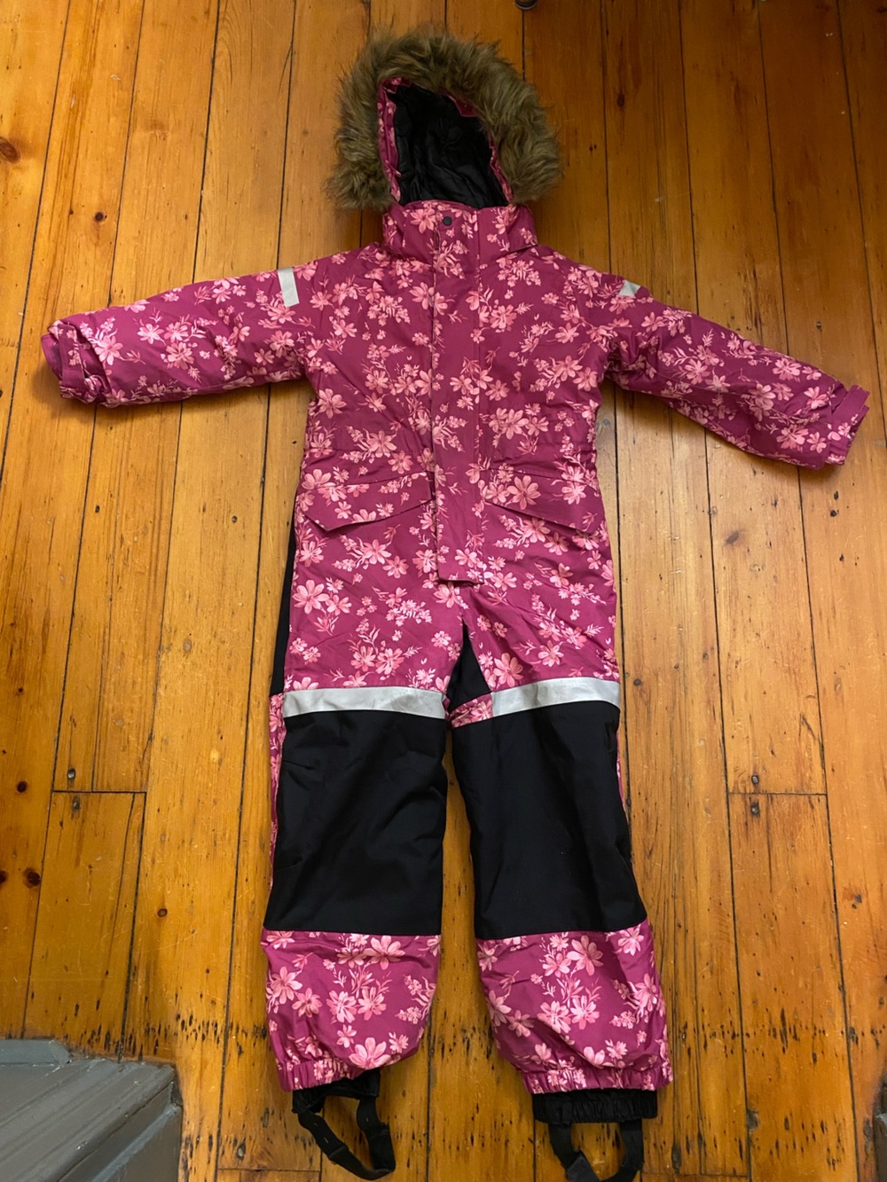 Girls Floral Puffer Snow One-Piece Waterproof Jacket and Detachable Hood
